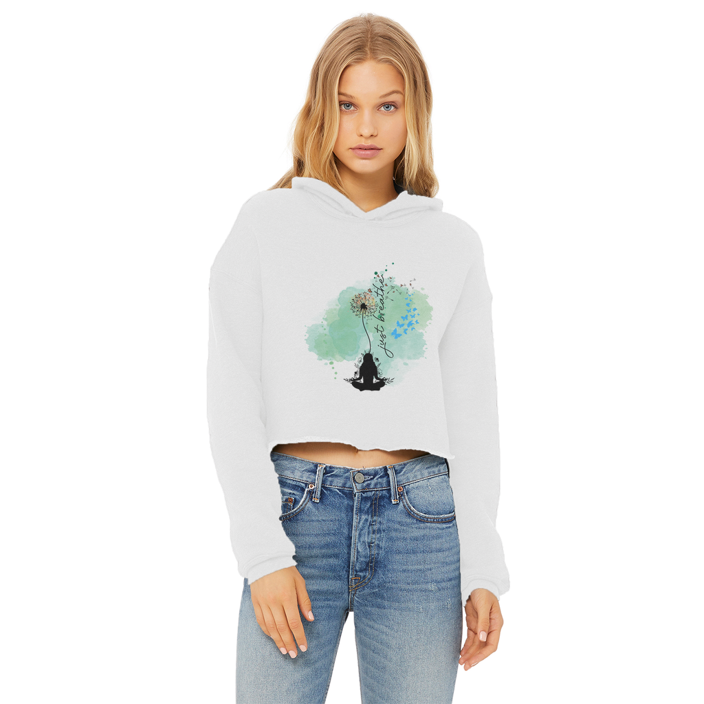 Just Breathe - Green Dandelion Ladies Cropped Raw Edge Hoodie