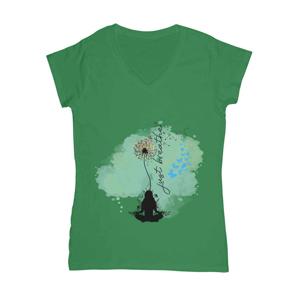 Just Breathe - Green Dandelion Classic Women's V-Neck T-Shirt