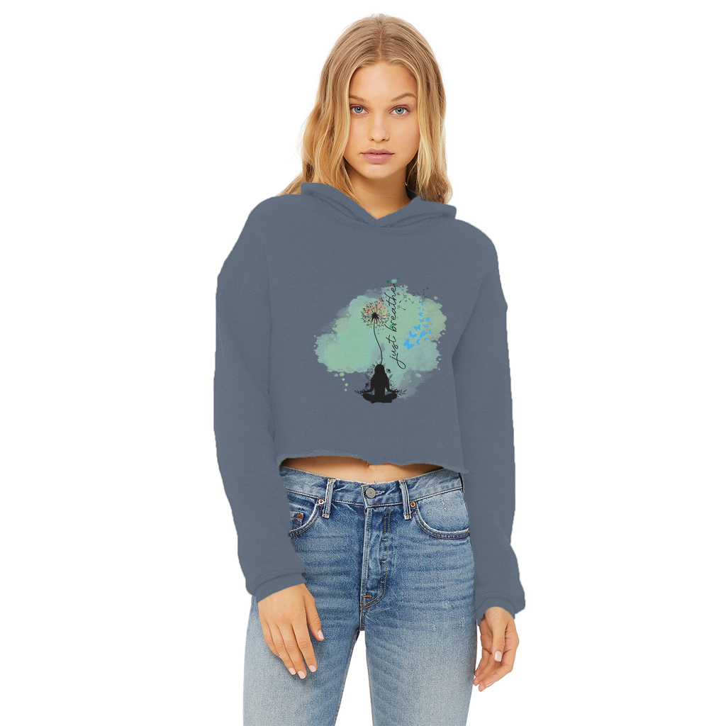 Just Breathe - Green Dandelion Ladies Cropped Raw Edge Hoodie